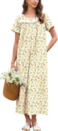 Miniatura 12 de Ekouaer Camisón para Mujeres de Algodón Camisón Largo de Noche Camisón de Manga Corta con Bolsillos Camisón con Botones Ropa de Dormir Suave
