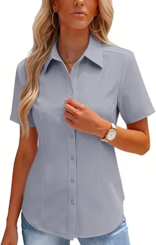 Miniatura 9 de HOTOUCH Camisas con botones para mujer, manga corta, elástica, sin arrugas, blusas formales de trabajo, blusas de verano, tallas S-2XL