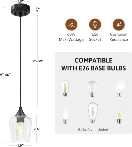 Miniatura 5 de VONLUCE Lámpara colgante para isla de cocina, lámpara colgante negra mate con base E26 y cable ajustable, iluminación colgante moderna con pantalla