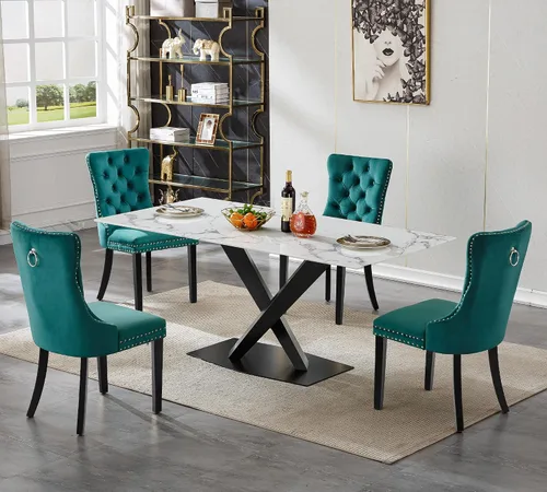 Miniatura 14 de Juego de mesa de comedor de mármol blanco para 4, 70 pulgadas, mesa de comedor de mármol blanco con 4 sillas de terciopelo beige y base de acero al
