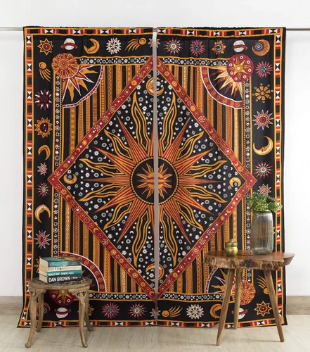 Miniatura 10 de Popular Handicrafts – Cortinas de ventana con diseño de mandala hippie indio, estilo bohemio, sol ardiente, luna gitana, hermosas cortinas
