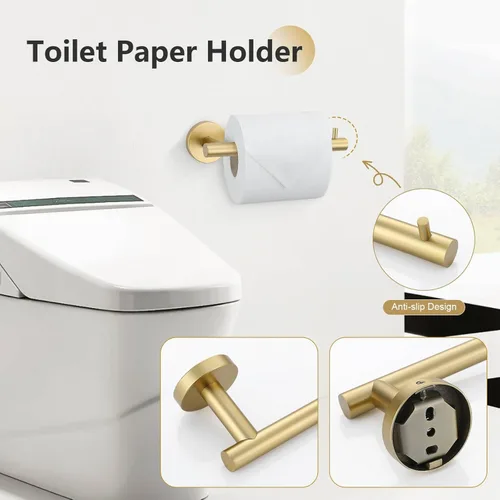 Miniatura 4 de Juego de 5 piezas de toallero, accesorios de baño de hardware de oro cepillado que incluye toallero de 60 cm, soporte de papel higiénico, anillo
