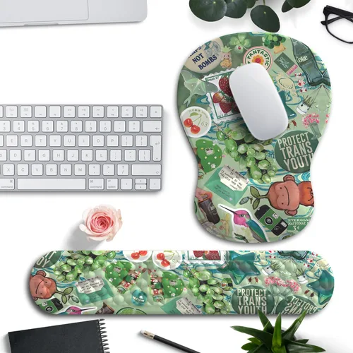 Miniatura 14 de Alfombrilla de ratón con diseño floral verde, azul, rosa, con soporte para muñeca, juego de reposamuñecas para teclado, alfombrilla de ratón Flores