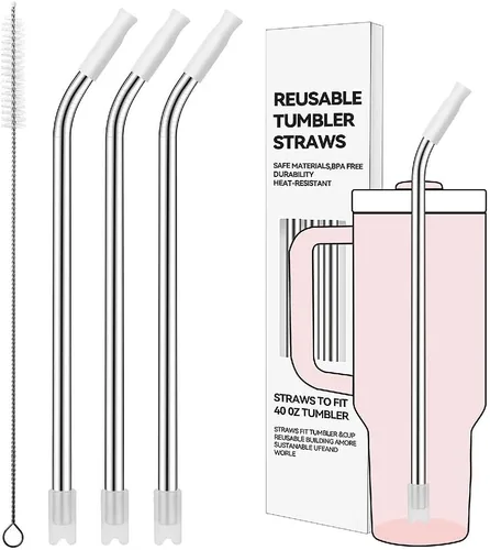 Miniatura 89 de Pajitas de metal rectas para vaso Stanley de 40 onzas, paquete de 3 popotes reutilizables de acero inoxidable con puntas de silicona y cepillo Gris