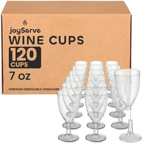 JoyServe Copas de vino de plástico desechables, 7 onzas, copas de vino de plástico transparente sin BPA con tallo, vasos de fiesta reutilizables