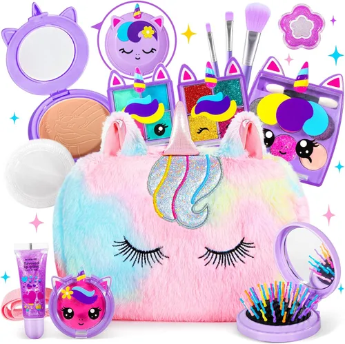 Miniatura 10 de ULOVEME Kit de maquillaje real para niñas con bolso esponjoso, juguete de maquillaje real, no tóxico, lavable, juguetes de Umicorn, regalo