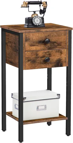 Miniatura 7 de HOOBRO Mesita de noche alta, mesa auxiliar con 2 cajones y estante de almacenamiento, mesa auxiliar de teléfono industrial para estudio, dormitorio