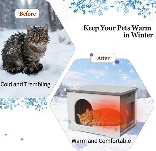 Miniatura 8 de Casa impermeable para gatos al aire libre, casa de plástico para gatos con puerta de escape y alfombrilla suave, refugio grande para gatos