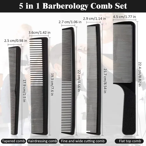Miniatura 2 de Peine de corte de pelo, 5 piezas, peine de peluquería para peluquería, dientes finos, juego de cepillos de pelo de carbono, antiestático, resistente