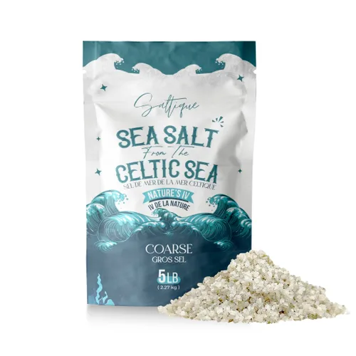 Saltique Sal celta gruesa 100% sin refinar del mar celta, 5 libras (5.0 lbs), sal orgánica celta empaquetada con 82 minerales que te ayudan a