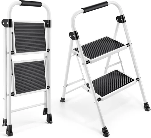 Miniatura 10 de KINGRACK Escalera plegable de 3 escalones con pedal antideslizante y ancho, portátil, plegable, alta y resistente con asa para el hogar, cocina