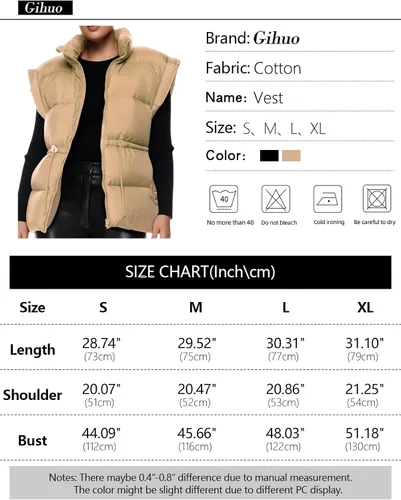Miniatura 6 de Gihuo Chaleco acolchado con cremallera y cuello alto para mujer, chaleco acolchado de invierno sin mangas