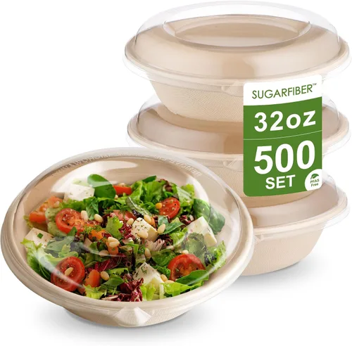 Miniatura 13 de [500 SET]Harvest Pack 32 oz Round Compostable Bowls with Flat Lids, Heavy-Duty Eco-Friendly Disposable Bagasse Paper Bowl for Meal Prep, Made of