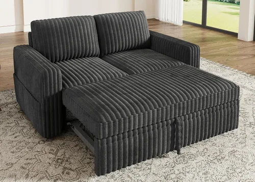 Miniatura 12 de HONBAY - Sofá seccional modular con cama desplegable, sofá en forma de L de pana con almacenamiento, sofás seccionales para sala de estar, verde