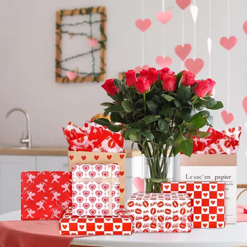 Miniatura 7 de JarThenaAMCS 100 hojas de papel de seda para el día de San Valentín, a granel, 10 diseños de corazón rojo de amor, cupido, lunares, hojas de papel