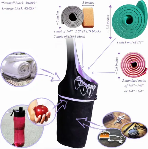 Miniatura 5 de Bolsa para esterilla de yoga: bolsa de yoga versátil con correas para alfombrilla y bolsillos de almacenamiento, sostiene esterillas de yoga y Negro
