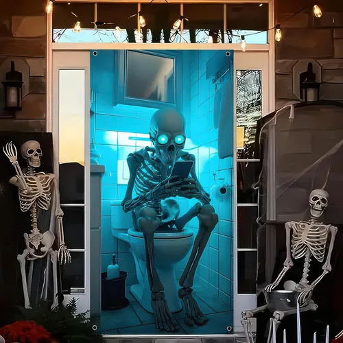 Miniatura 6 de BlissYard Cubierta de puerta de Halloween de 71 x 35 pulgadas, divertido esqueleto en la puerta del inodoro, decoración de ojos brillantes, escena