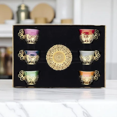 Miniatura 7 de Alisveristime Juego de 12 tazas de café turco griego árabe, plato de porcelana (color dorado mezclado)