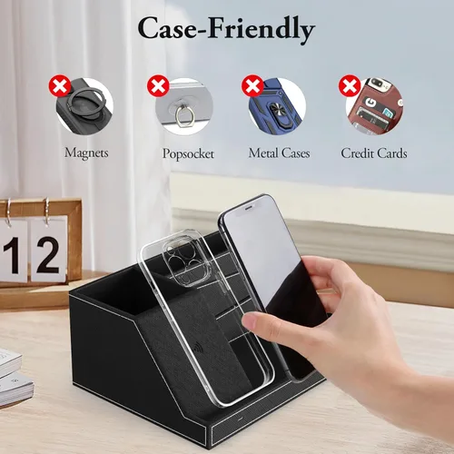 Miniatura 10 de TopMade Organizador de mesita de noche de escritorio con cargador inalámbrico, soporte de cuero para bolígrafos, accesorios de oficina, estación