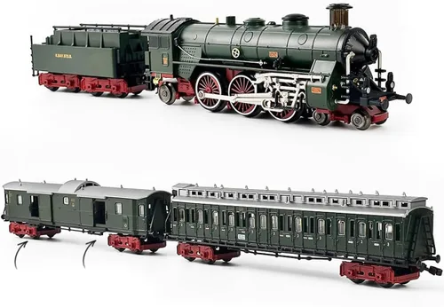 Miniatura 6 de Juego de tren eléctrico de aleación con luces y sonidos, modelo clásico de locomotora de vapor con pista larga y carruajes, juego de locomotora Rojo