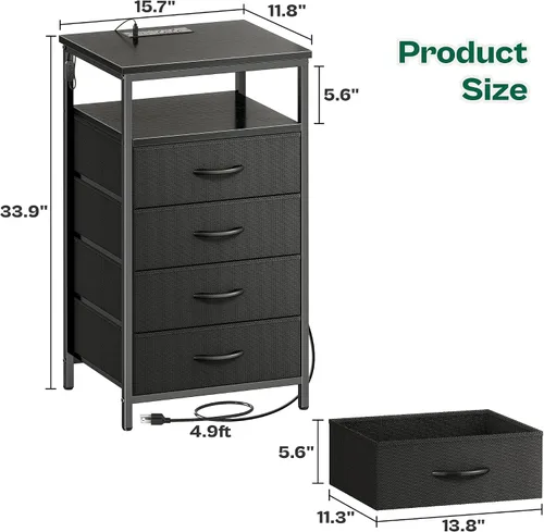 Miniatura 3 de Huuger - Mesita de noche con estación de carga y luces LED, mesita de noche de 4 cajones, mesa auxiliar con estante abierto, mesa de cabecera, Negro