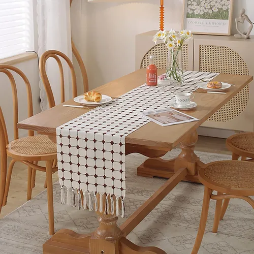 Miniatura 6 de Hsvanyr Centros de mesa rústicos con borlas rectangulares bordadas para cocina, 13 x 63 pulgadas, mantel blanco con cuadros de búfalo marrón café
