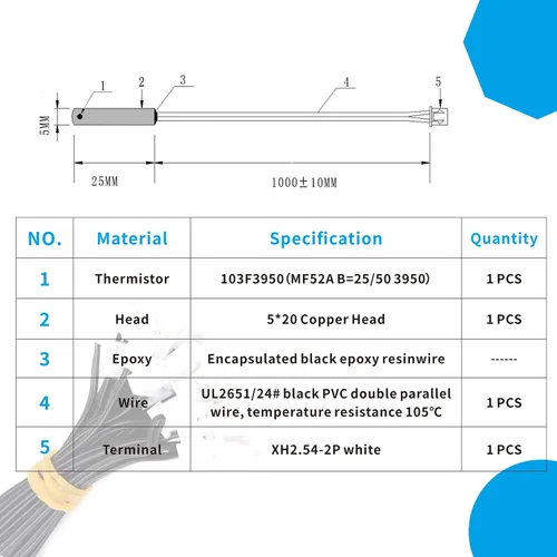 Miniatura 5 de Sonda de sensor de temperatura de termistor NTC de 10K 3950 ohmios, sonda de sensor térmico digital de acero inoxidable, longitud de 3.3 ft