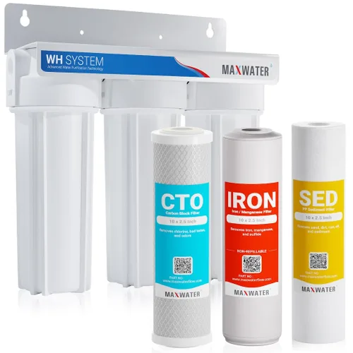 Max Water Sistema de filtración de agua de 3 etapas (casas costeras, cabaña, granja, pozo y agua subterránea) Sistema de filtración de agua de 10