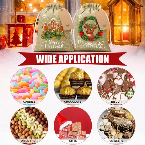 Miniatura 5 de FLOE 24 Bolsas de Regalo de Arpillera Navideñas con Cordón, Bolsas de Lino Navideñas de 6x8 pulgadas con Etiqueta, Bolsa de Regalo Pequeña de Yute