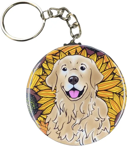 Golden Retriever Sunflower Keychain - Floral Dog Key Ring - Pet Portrait Cartoon Art Gifts & Collectible Accessories