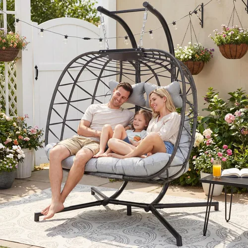 Miniatura 10 de RADIATA Silla colgante de huevo para 2 personas con soporte, silla de huevo doble para exteriores con canasta plegable, silla columpio de mimbre XL