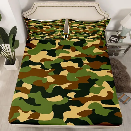 Miniatura 27 de Sábanas de camuflaje para niños, sábanas bajeras de camuflaje verde militar, juego de ropa de cama de camuflaje militar para niños, adolescentes