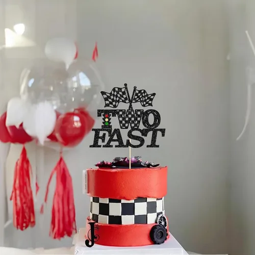 Miniatura 4 de Gyufise 1 pieza de decoración de pastel de cumpleaños con dos banderas negras con purpurina a cuadros para coche de carreras de 2º cumpleaños