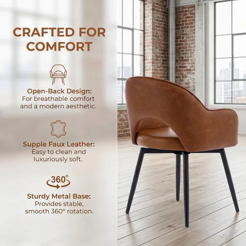 Miniatura 8 de DUOMAY Juego de 2 sillones giratorios tapizados de piel sintética moderna con patas de metal para cocina, sala de estar, color marrón