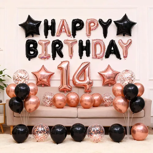 Miniatura 2 de Decoraciones de cumpleaños número 14: globos de papel de aluminio de estrella con el número 14 de oro rosa, confeti de látex para su fiesta