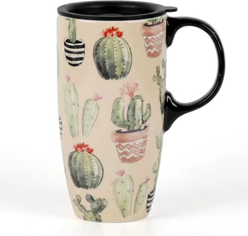Topadorn Taza de café de cerámica de 17 onzas con tapa, taza de cactus bohemio de acuarela, bonita taza de té de porcelana suculenta, apta para
