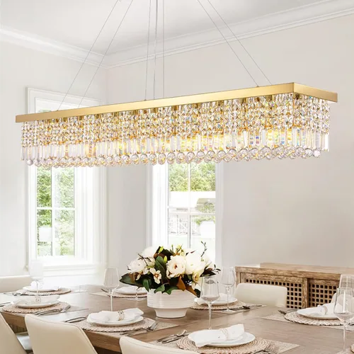 Miniatura 16 de Siljoy Candelabro de Cristal Moderno de 6 Luces Rectangular Dorado K9 Candelabro de Cristal en Forma de Gota de Lluvia para Comedor, Lámpara