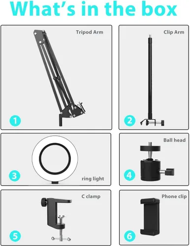 Miniatura 9 de Soporte de cámara superior con anillo de luz, brazo flexible articulado para teléfono compatible con iPhone, webcam Logitech, trípode de escritorio