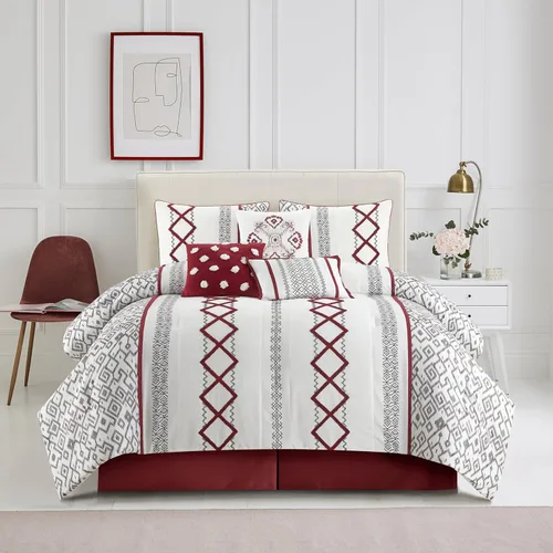 Grand Avenue Juego de edredón Blanco Rojo tamaño Queen, juego de ropa de cama para todas las estaciones de 7 piezas con bordado de felpa, falda de