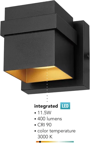 Miniatura 5 de Aplique de pared Globe Electric 60000022 para exterior con LED integrado de 11,5 W, negro mate, acento dorado, 400 lúmenes, 3000 Kelvin, 90 CRI