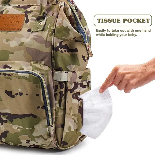 Miniatura 5 de LIMHOO Mochila para pañales para hombres y papá, bolsa de pañales de camuflaje de lona grande impermeable para el cuidado del bebé, Camuflaje