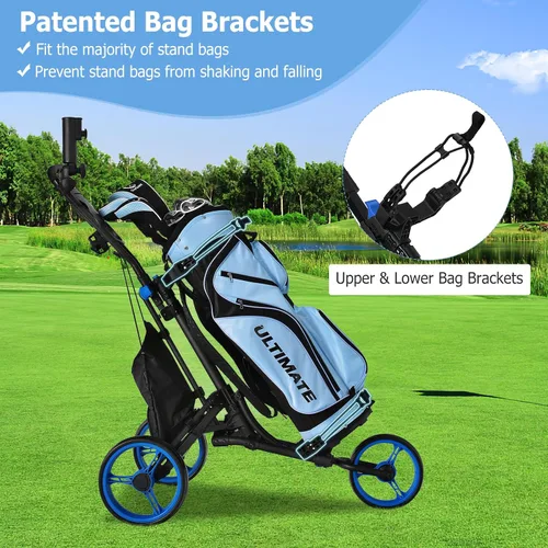 Miniatura 5 de Tangkula Carrito de golf de empuje, carrito de empuje plegable de aluminio ligero de 3 ruedas, carrito de golf con correa elástica, paraguas