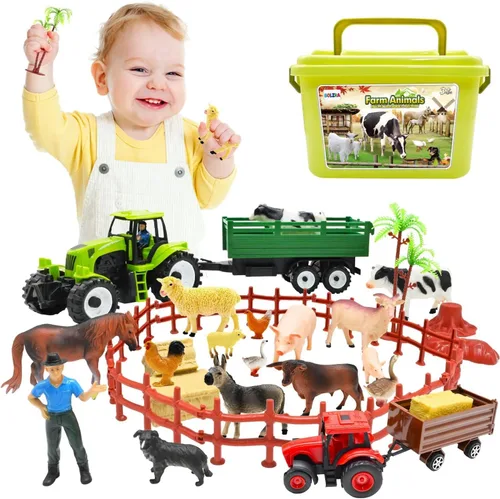 BOLZRA Juguete de figuras de animales de granja, juego de 2 camiones de granja de plástico realista con remolque, caja de almacenamiento de valla de