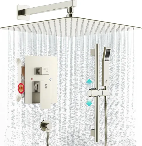 SR SUN RISE Sistema de Ducha Cuadrado de 12 Pulgadas, Cabezal de Ducha de Lluvia y Grifo de Ducha de Mano con Barra Deslizante Montado en la Pared,