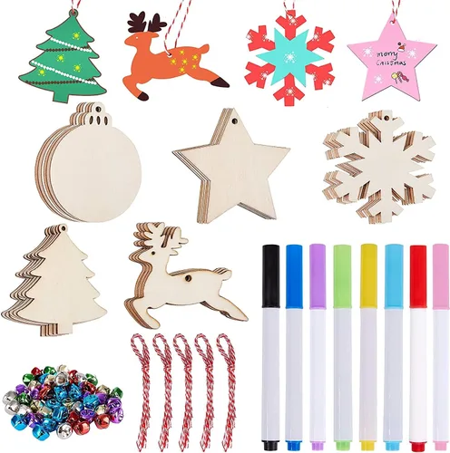 Miniatura 7 de Artmag 100 piezas de adornos colgantes de madera sin terminar de Navidad DIY, discos de madera redondos en blanco para manualidades, centros de 100