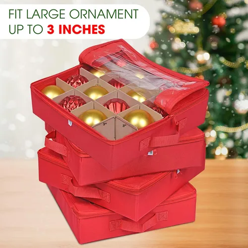 Miniatura 6 de ProPik 4 Piezas Cajas de Almacenamiento de Adornos Navideños con Divisores 4 Bandejas Individuales con Capacidad para 64 Bolas de Decoración Rojo