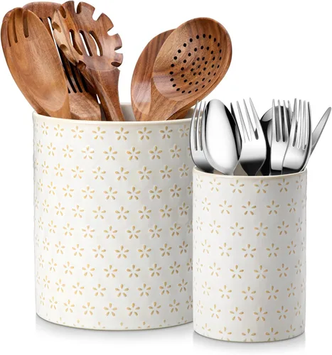 MALACASA LYDIA - Juego de recipientes para utensilios de cocina de cerámica, 18.5 cm + 14 cm, organizadores de utensilios grandes y pequeños para