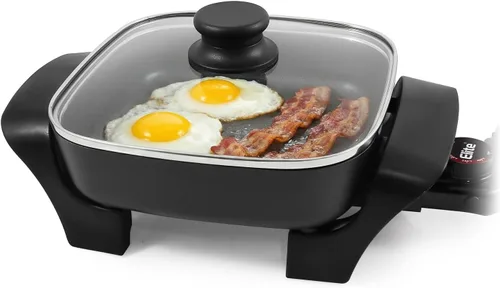 Elite Gourmet EG808 - Sartén eléctrica antiadherente de 8 x 8 pulgadas, apta para lavavajillas con tapa ventilada de vidrio templado, calentamiento