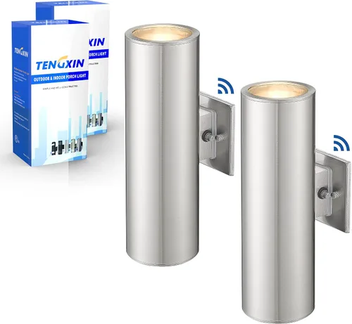 Miniatura 19 de TENGXIN Aplique de pared al aire libre del atardecer al amanecer, lámpara de pared con cilindro de acero inoxidable, luces exteriores para casa