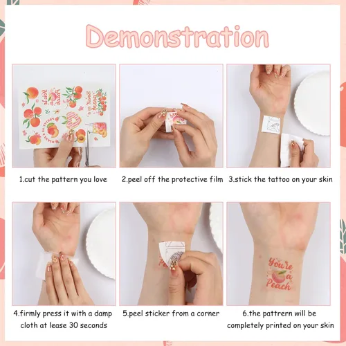 Miniatura 6 de Tatuajes temáticos de melocotón rosa, tatuajes temporales de frutas para decoraciones de fiesta de verano, simplemente decoración de melocotón